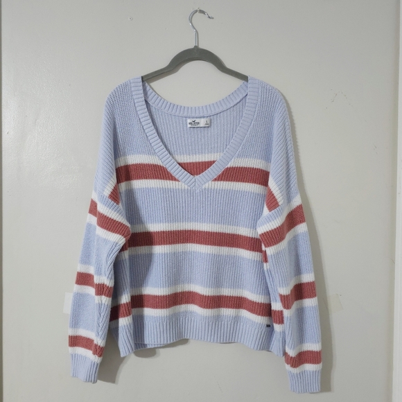 HOLLISTER Preppy Oversized Chunky Knit Striped V-Neck Pullover Sweater, Size L - Picture 6 of 13